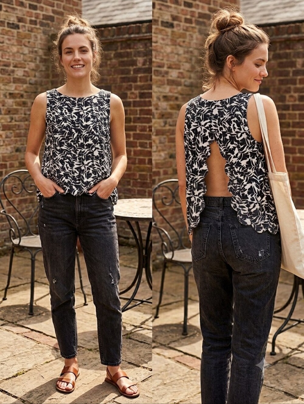 J Crew B&W Floral Printed scalloped-hem top with overlapped back Size Small